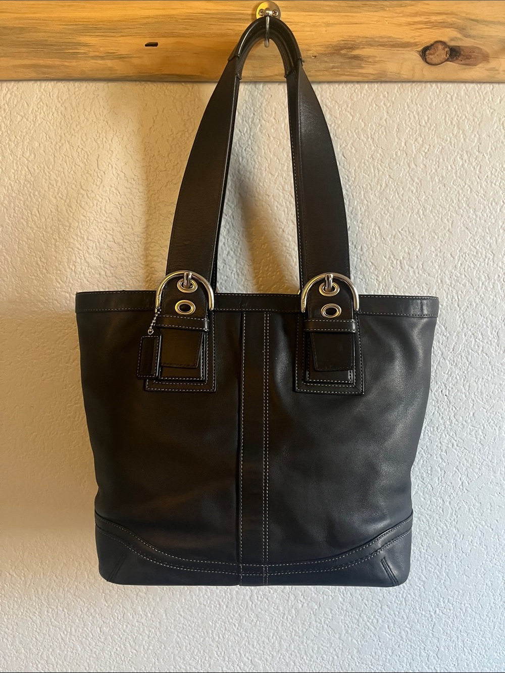 Coach Y2K Black Leather Tote Bag Silver Buckle Hardware White Contrast Stiching